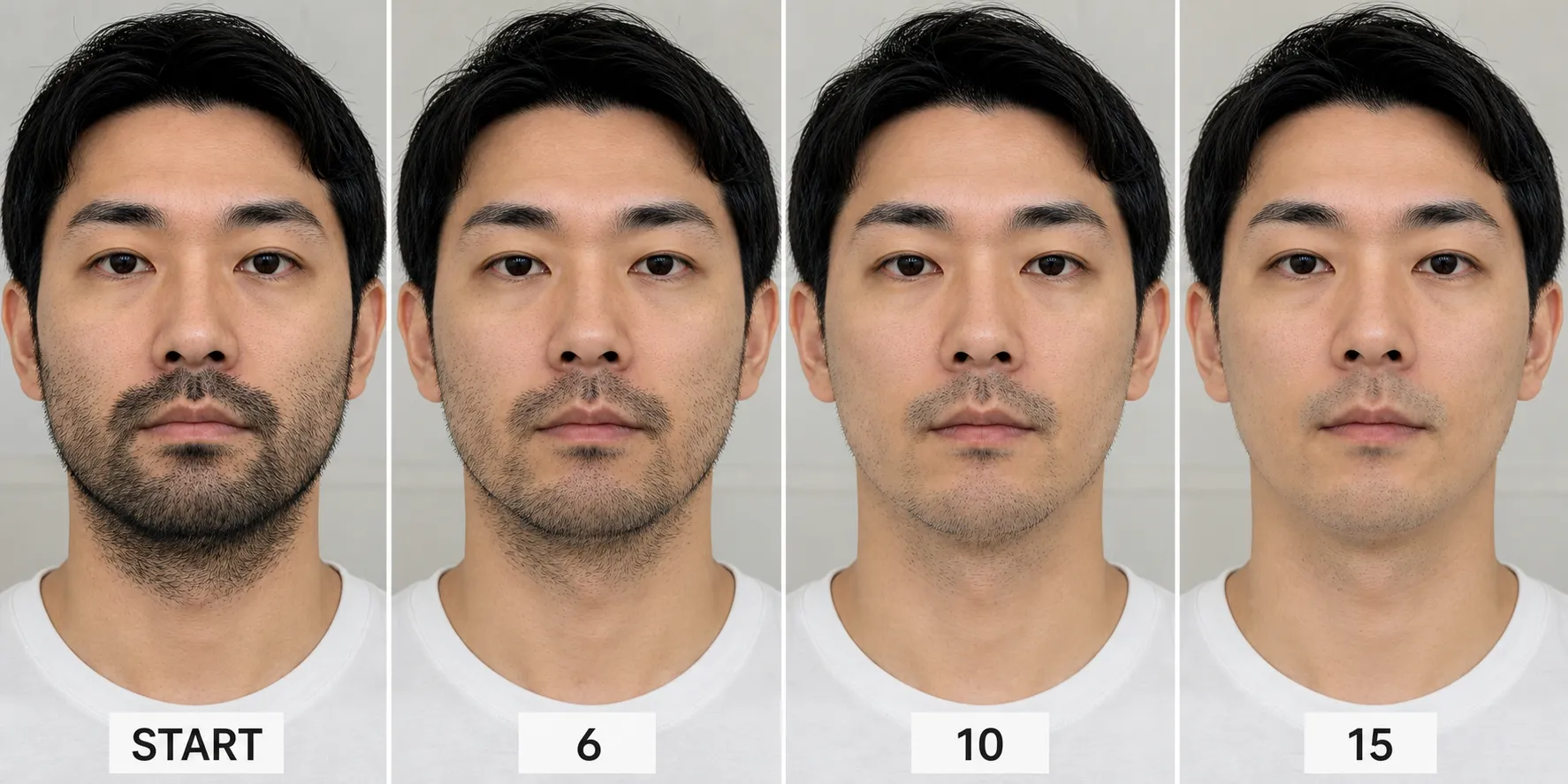 ヒゲが濃い人の医療脱毛の変化イメージ。左から初回、6回、10回、15回の順でヒゲが減っていく比較画像