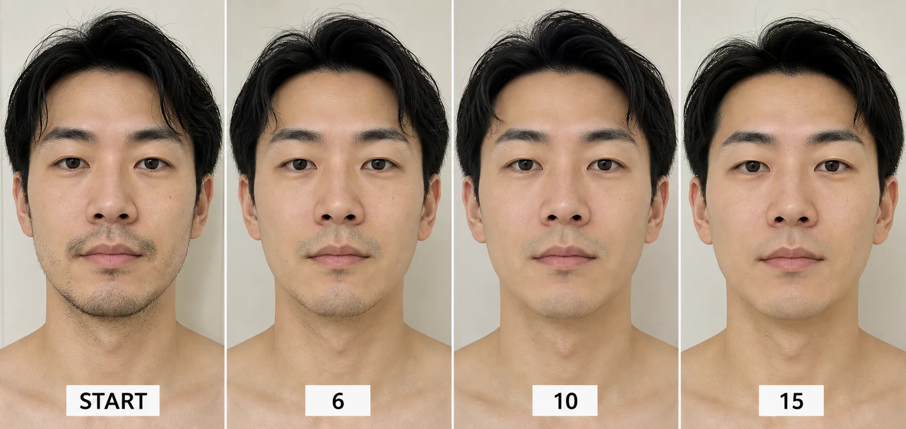 ヒゲが薄い人の医療脱毛の変化イメージ。左から初回、6回、10回、15回の順でヒゲが減っていく比較画像